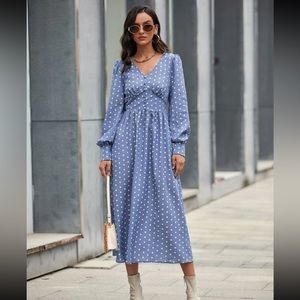 Polka Dot Print V Neck Puff Sleeve Dress